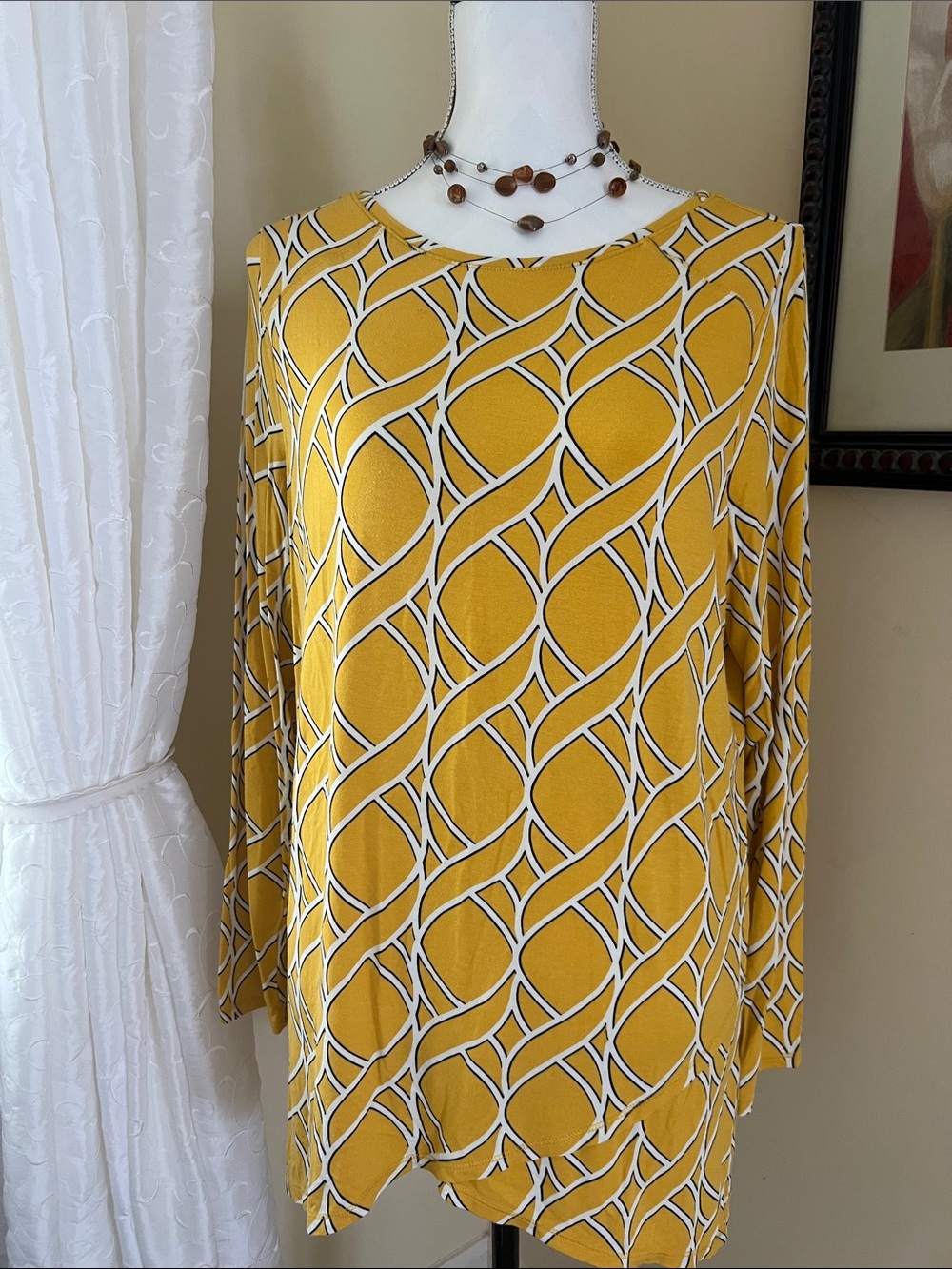 Women’s Mustard Yellow Geometric Long-Sleeve Top